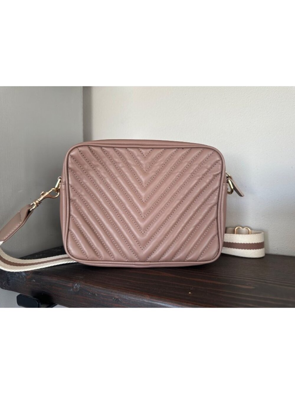 Quince Italian Leather Quilted Crossbody Bag in Dark Taupe Cotton Webbing Strap